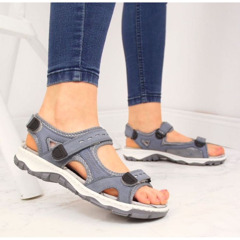 Sandały skórzane na rzepy Rieker W RKR458 niebieskie 2