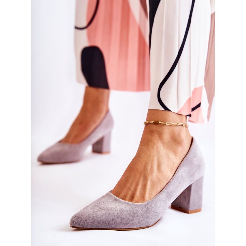 PS1 Klasyczne Czółenka Zamszowe Na Słupku Szare Lency 1