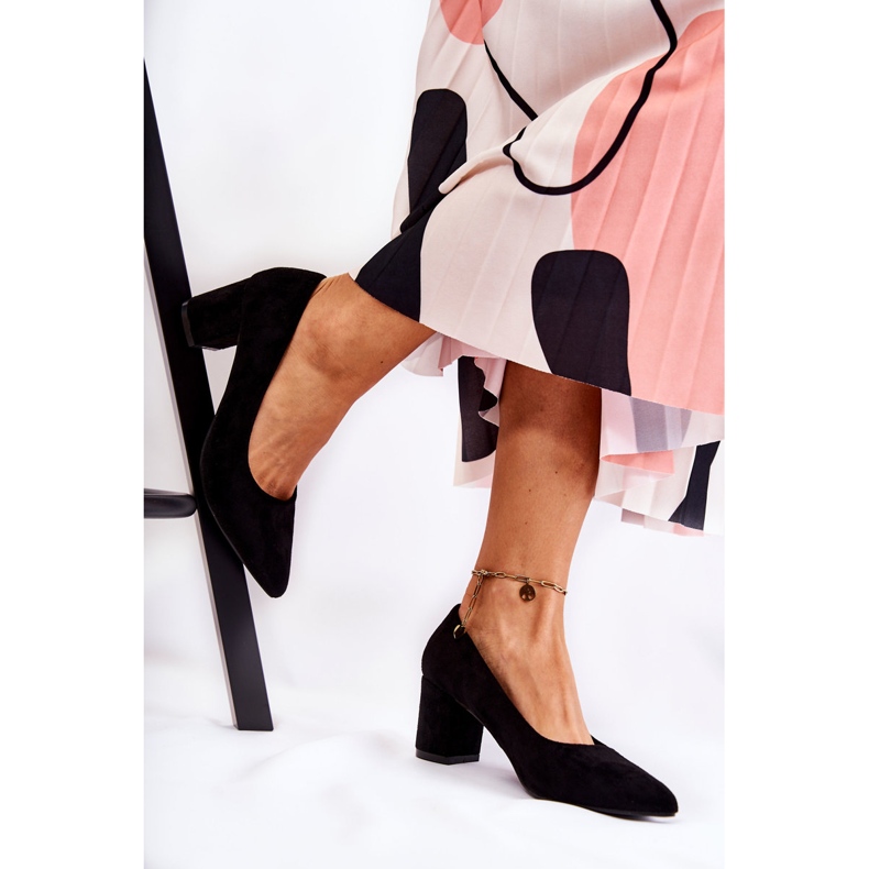 PS1 Klasyczne Czółenka Zamszowe Na Słupku Czarne Lency 2