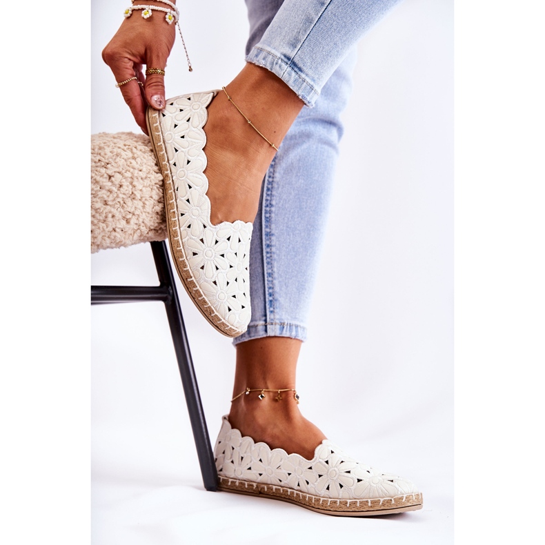 Damskie Wsuwane Baleriny W Kwiaty Białe 2