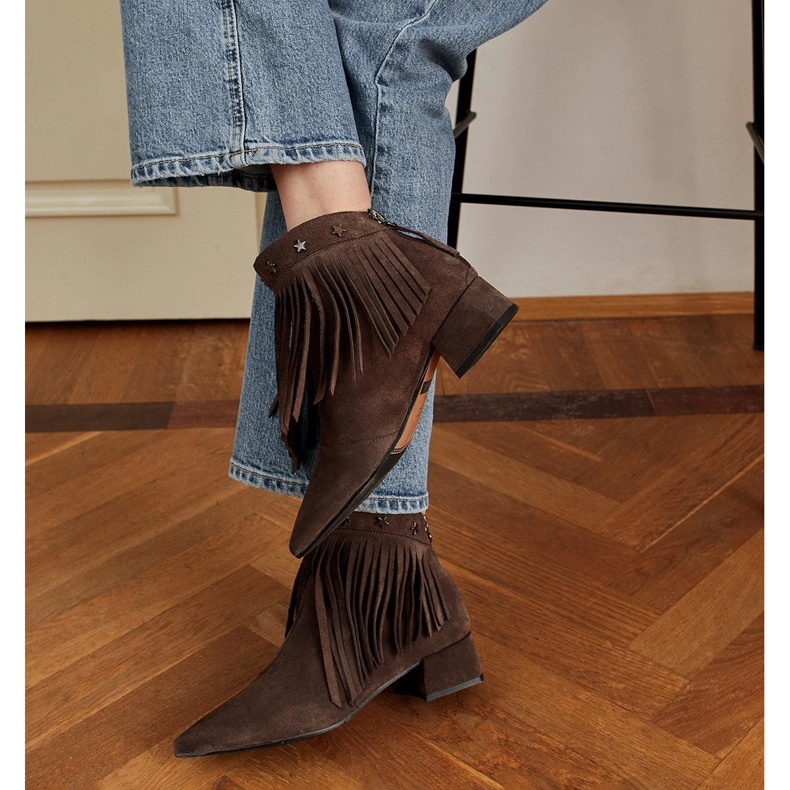 Marco Shoes Oryginalne botki zamszowe z ozdobnymi frędzlami brązowe 1