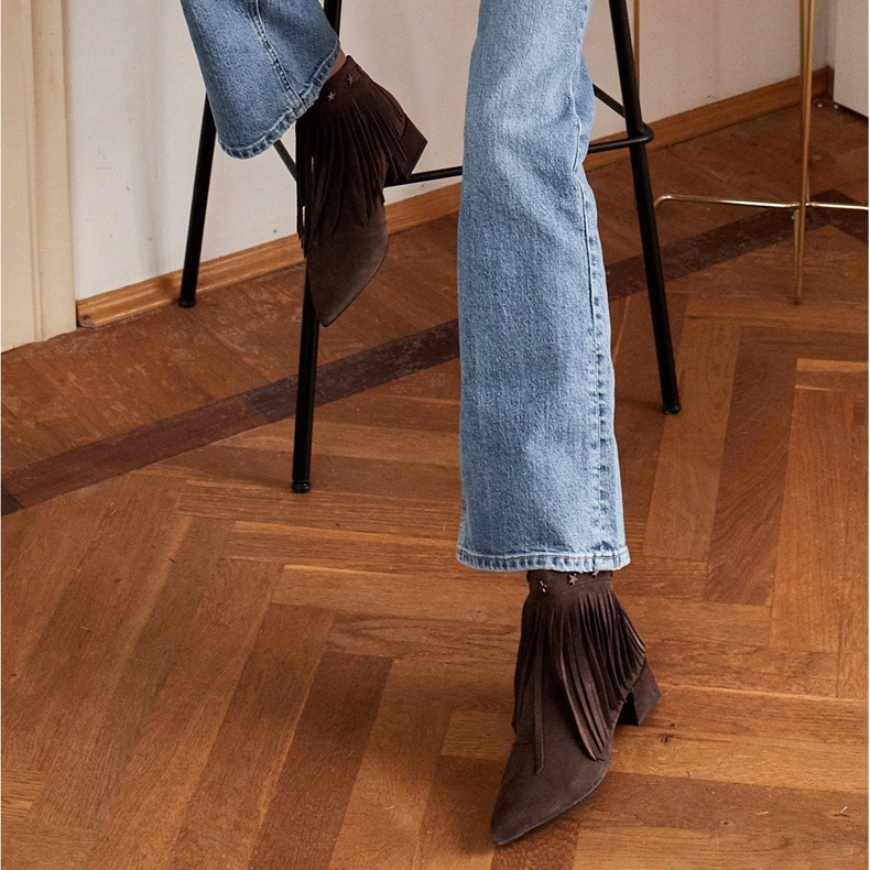 Marco Shoes Oryginalne botki zamszowe z ozdobnymi frędzlami brązowe 2