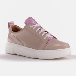 Marco Shoes Beżowe sneakersy z różową wstawką beżowy 1