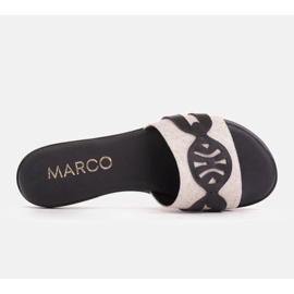 Marco Shoes Eleganckie klapki z tkaniny łączonej ze skórą beżowy czarne 7