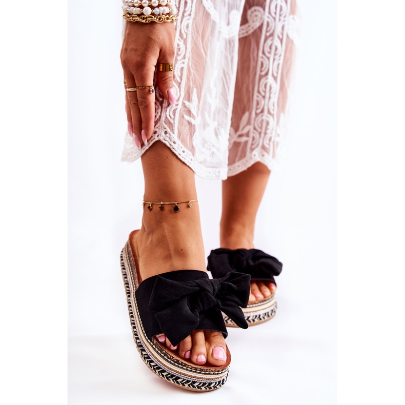 PG1 Damskie Klapki Na Masywnej Platformie Z Kokardą Czarne Macardi 1