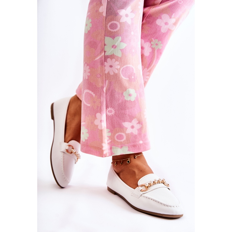 PG1 Damskie Mokasyny Z Ozdobnymi Perłami Białe Sergia 1