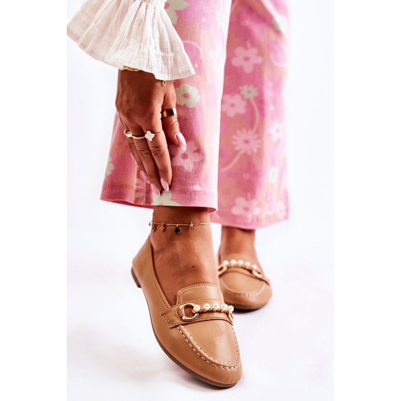 PG1 Damskie Mokasyny Z Ozdobnymi Perłami Brązowe Sergia 1