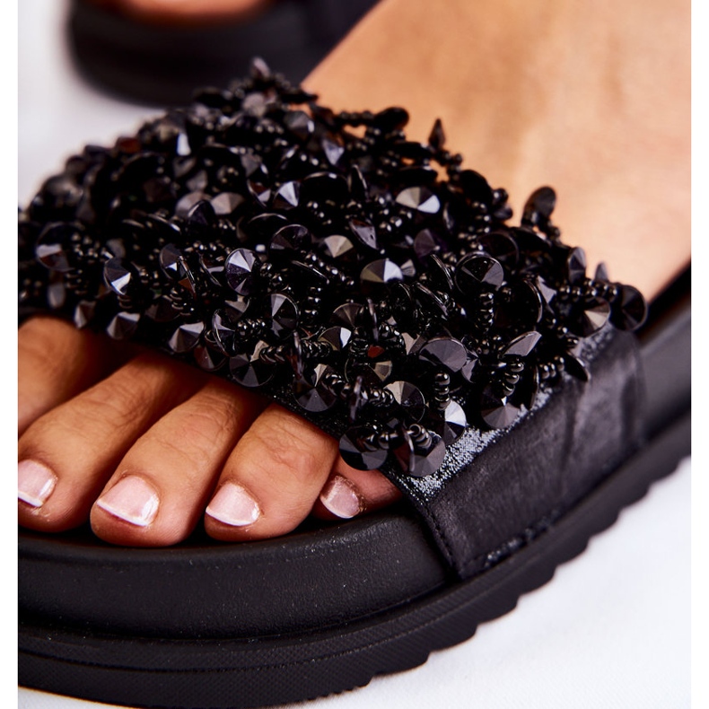 Damskie Klapki Na Platformie Z Ozdobami Czarne 4