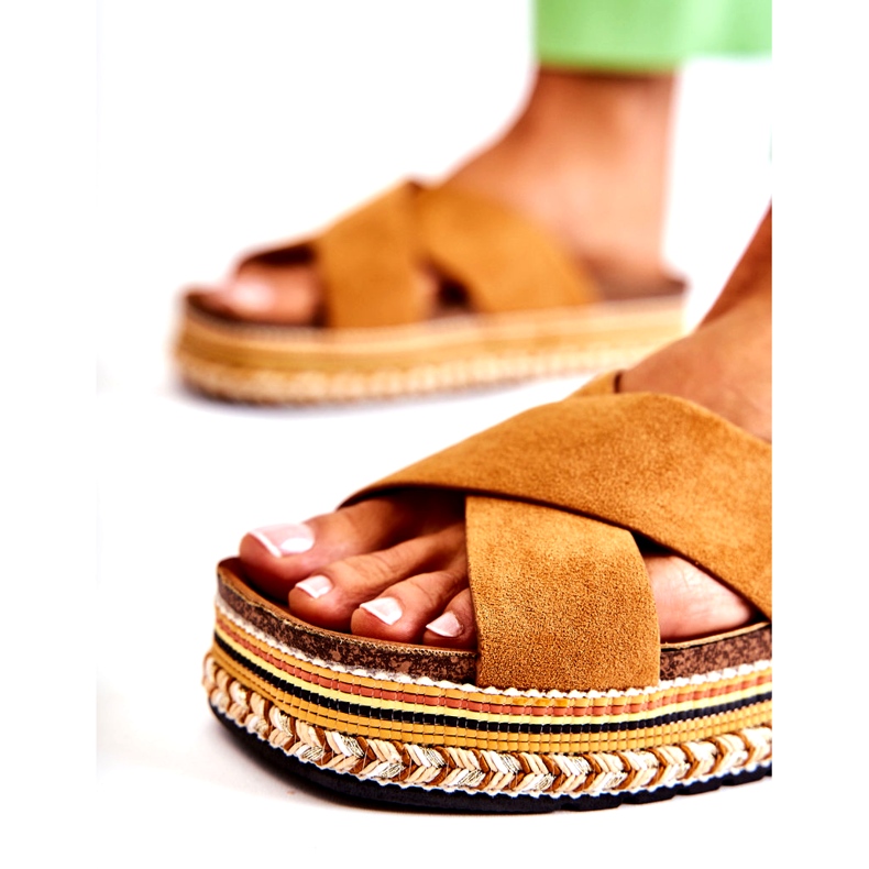 PG1 Damskie Zamszowe Klapki Na Platformie Camel Jossie brązowe 6