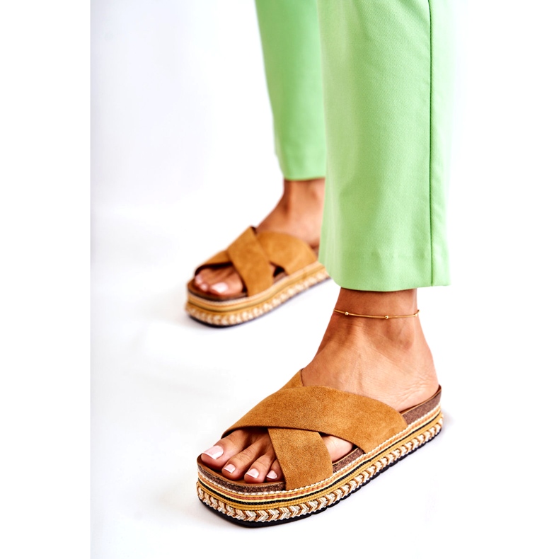 PG1 Damskie Zamszowe Klapki Na Platformie Camel Jossie brązowe 4