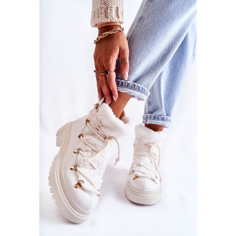 PS1 Eko-Skóra Ocieplane Botki Trapery Białe Arisa 1
