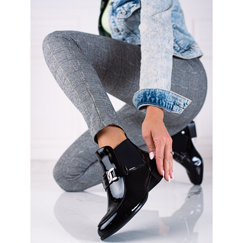 W. Potocki Botki damskie sztyblety Potocki z lakierowanej skóry ekologicznej czarne 1