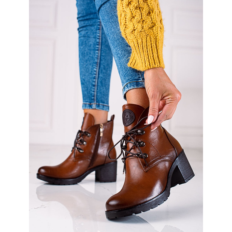 W. Potocki Workery damskie Potocki na obcasie brązowe 1