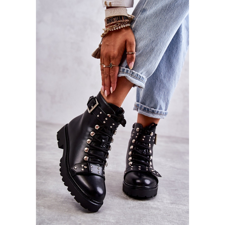 PG1 Eko-Skóra Botki Z Ozdobnym Paskiem Czarne Sabine 2