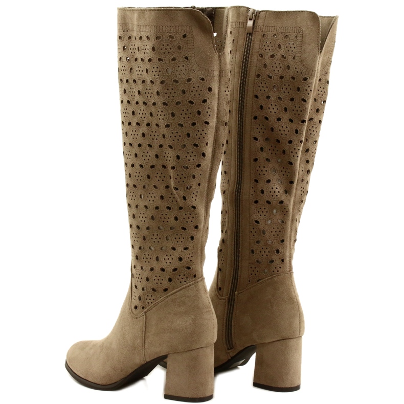 M.Daszyński Ażurowe Kozaki Na Słupku Beżowe SA156-10 beżowy 3