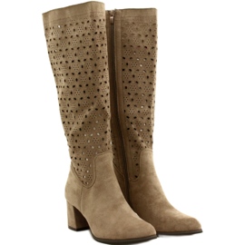 M.Daszyński Ażurowe Kozaki Na Słupku Beżowe SA156-10 beżowy 2