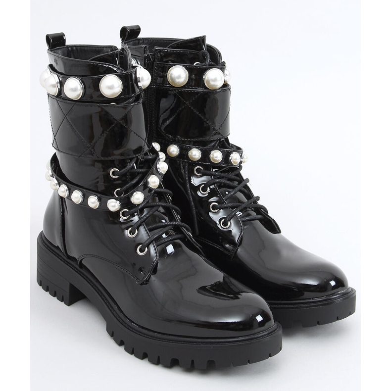 Lakierowane workery z perełkami Beni Black czarne 2