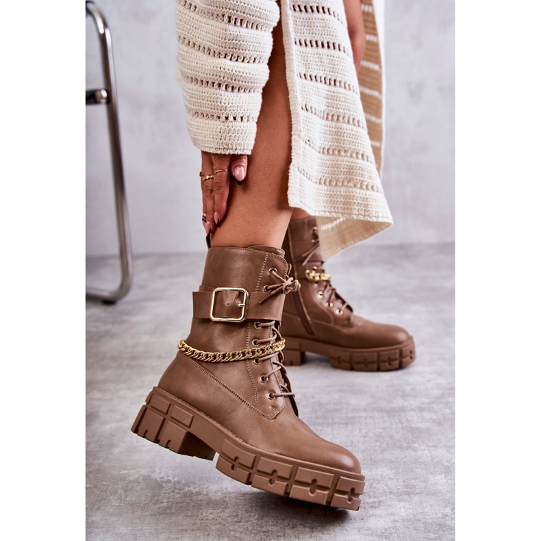 PG1 Modne Workery Botki Z Łańcuchem Brązowe Solesso 2