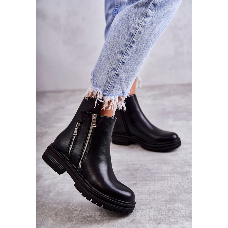 PG1 Damskie Skórzane Botki Na Suwak Czarne Navarra 2