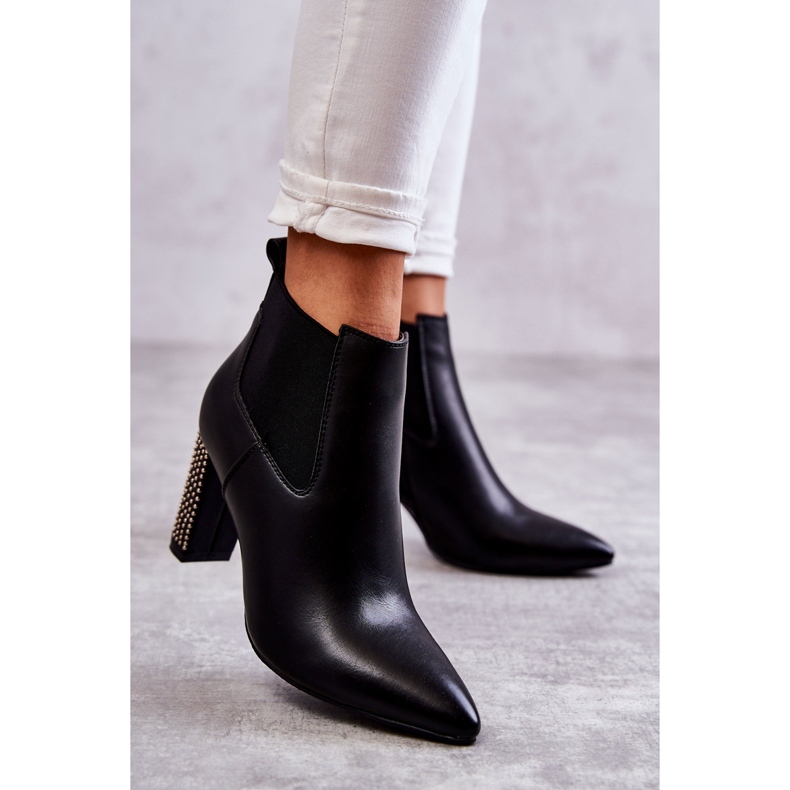 PG1 Eleganckie Botki Na Słupku Z Dżetami Czarne Elinor 2