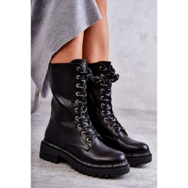 PG1 Wysokie Ocieplane Damskie Botki Wiązane Czarne Darla 1