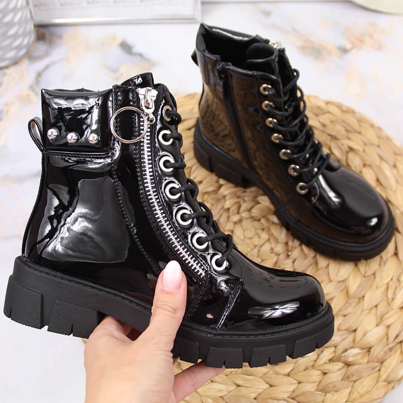 Botki dziewczęce lakierowane ocieplane czarne Vinceza 1