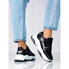 Sznurowane sneakersy damskie Shelovet na wysokiej platformie czarno białe czarne 1