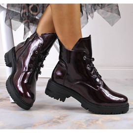 Botki damskie lakierowane ocieplane bordowe Potocki bordowy czerwone 1