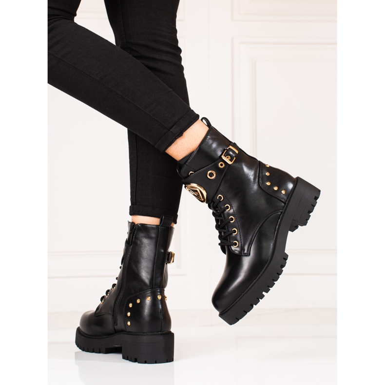 Workery damskie Shelovet sznurowane ze złotymi dodatkami czarne 1