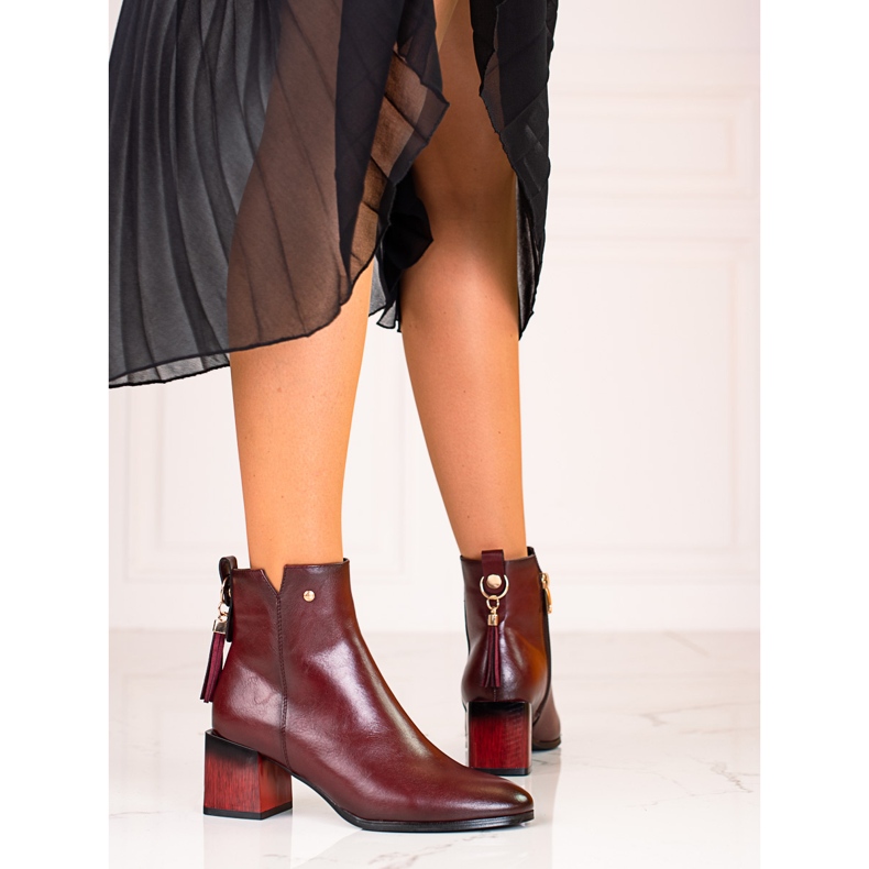 W. Potocki Modne botki damskie na słupku Potocki bordowe czerwone 1