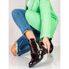 W. Potocki Lakierowane eleganckie botki damskie Potocki ze sznurowaniem bordowy czerwone 1