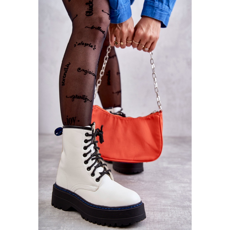 Damskie Wiązane Botki Glany Białe Callie 2