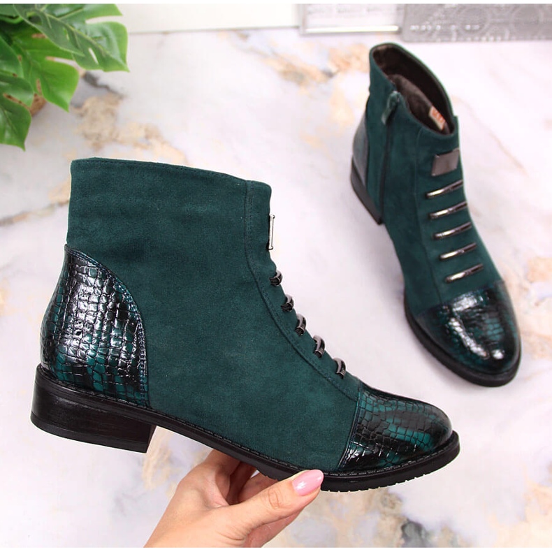 M. DASZYŃSKI Botki damskie na suwak ocieplane zielone Daszyński SAN6 1