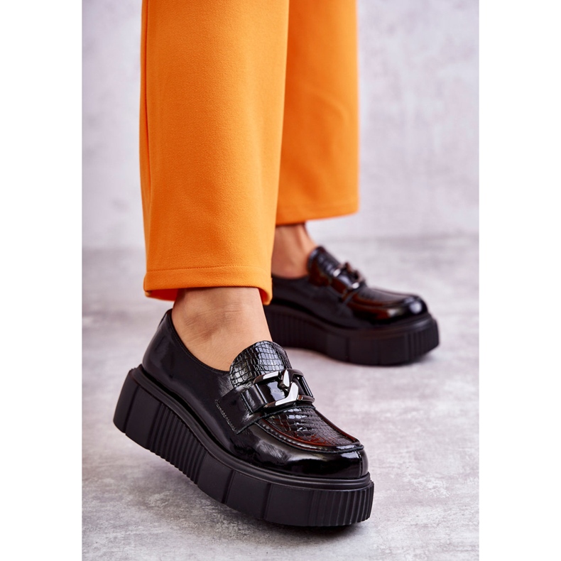 PL5 Modne Skórzane Półbuty Na Platformie Czarne Marsol 1