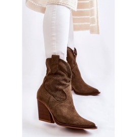 FB1 Damskie Zamszowe Ażurowe Botki Kowbojki Khaki Eleonore brązowe 1