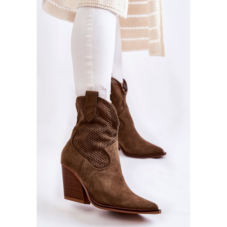 FB1 Damskie Zamszowe Ażurowe Botki Kowbojki Khaki Eleonore brązowe 1
