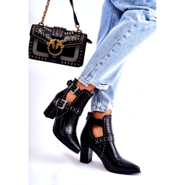 WJ2 Damskie Botki Na Słupku Z Dżetami Czarne Kelin 2