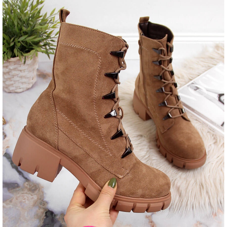 Botki damskie ocieplane na klocku camel Jezzi brązowe 2