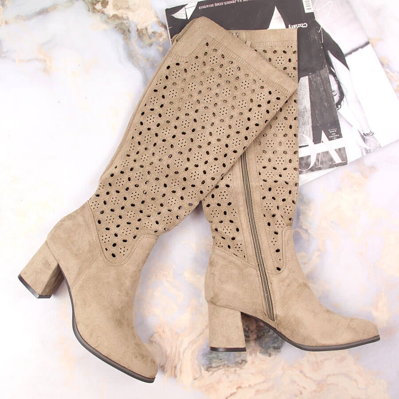 POTOCKI Kozaki damskie oficerki ażurowe zamszowe brązowe Daszyński beżowy 1