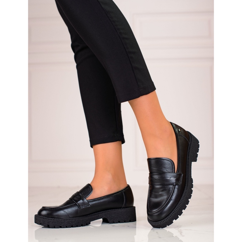 W. Potocki Klasyczne mokasyny damskie na grubej podeszwie Potocki czarne 1