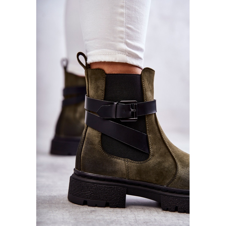 FE1 Damskie Ocieplane Botki Sztyblety Z Paskiem Zielone Jose 2