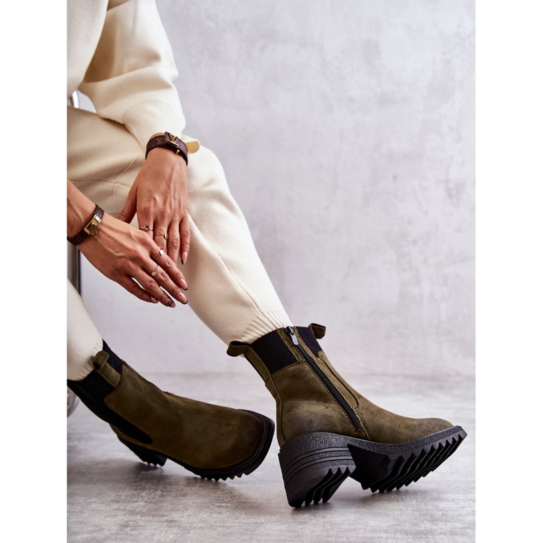 Damskie Ocieplane Botki Na Obcasie Zielone Abella 2