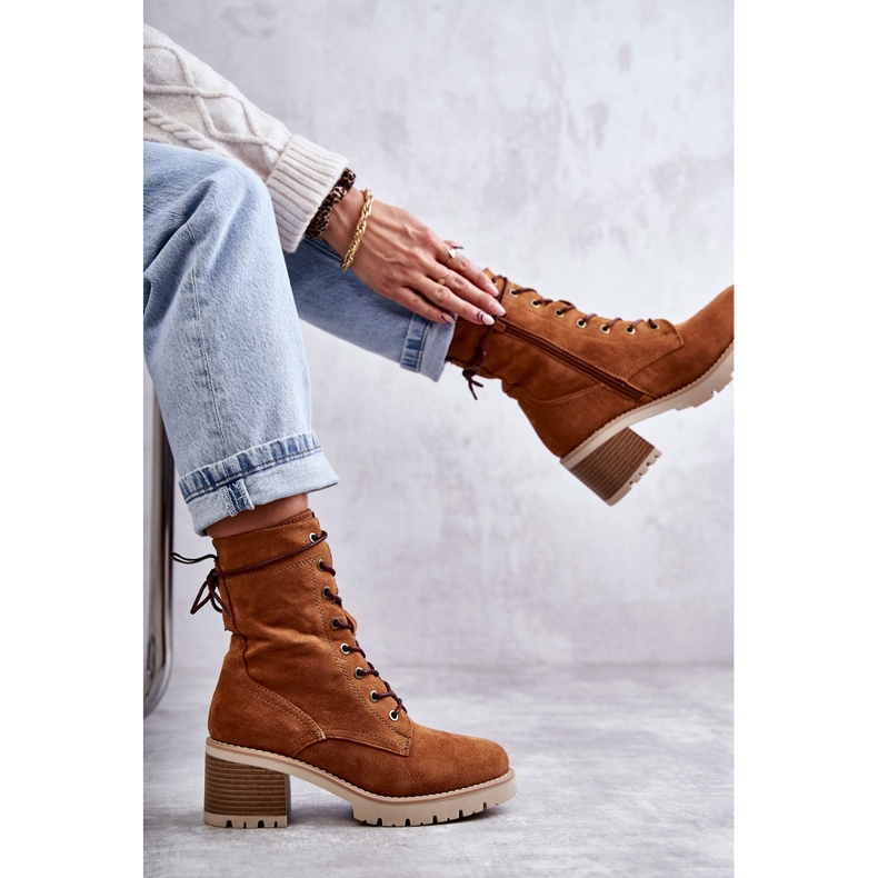 Damskie Ocieplane Botki Trapery Na Obcasie Camel Julieta brązowe 1