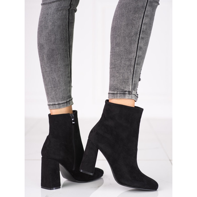 Czarne botki damskie na słupku Shelovet z zamszu ekologicznego 1