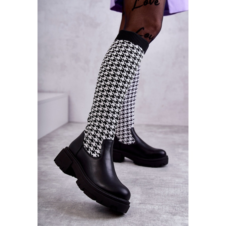 Damskie Kozaki Skarpetkowe W Pepitkę Czarno-Białe Avira 1
