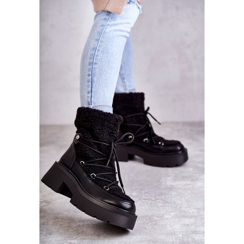 Damskie Botki Śniegowce Z Kożuszkiem Czarne Sanna 1