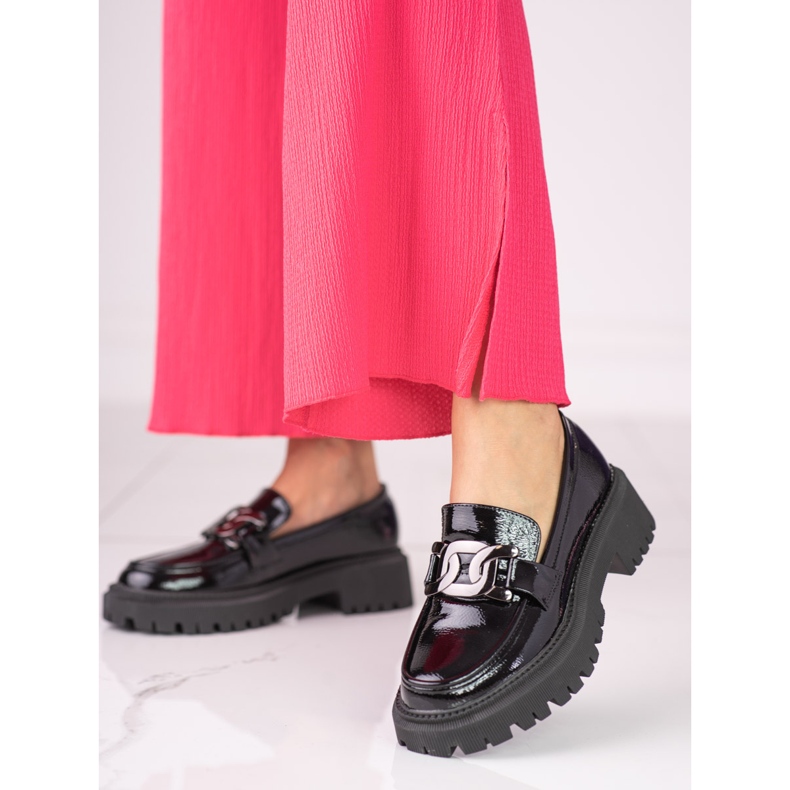 Czarne mokasyny damskie Shelovet z lakierowanej skóry ekologicznej 1