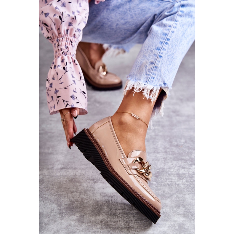 Vinceza Lakierowane Półbuty Loafery Na Platformie Beżowe Reidun beżowy brązowe 1