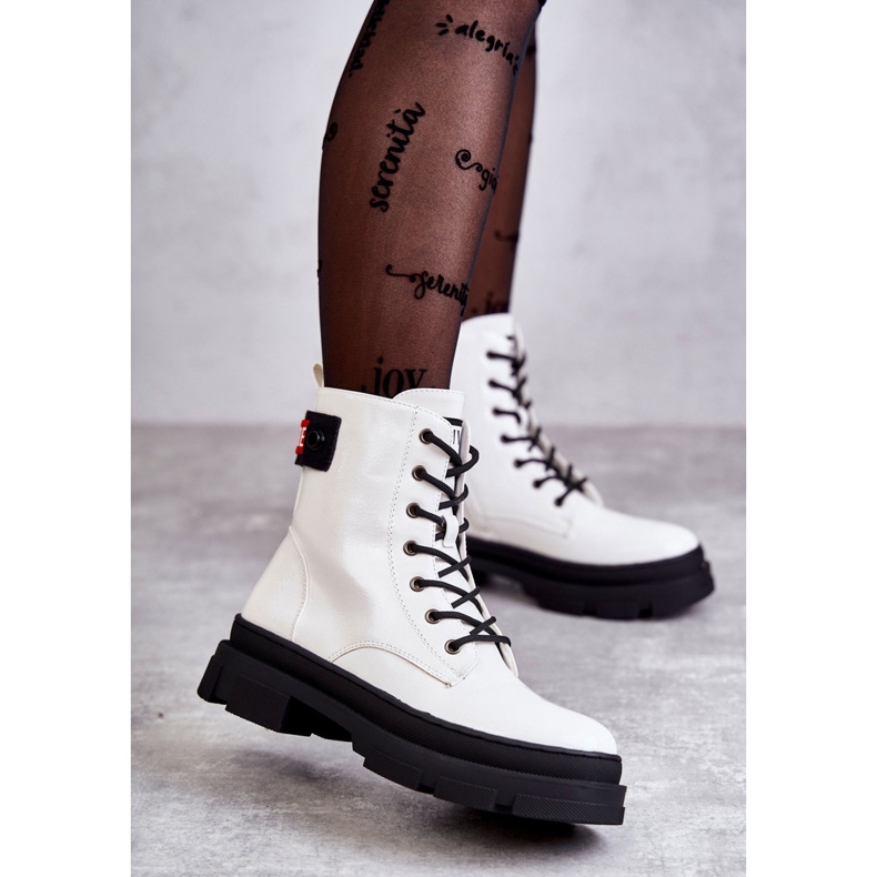 S.Barski Damskie Lakierowane Botki Workery Sznurowane Białe Conny 2