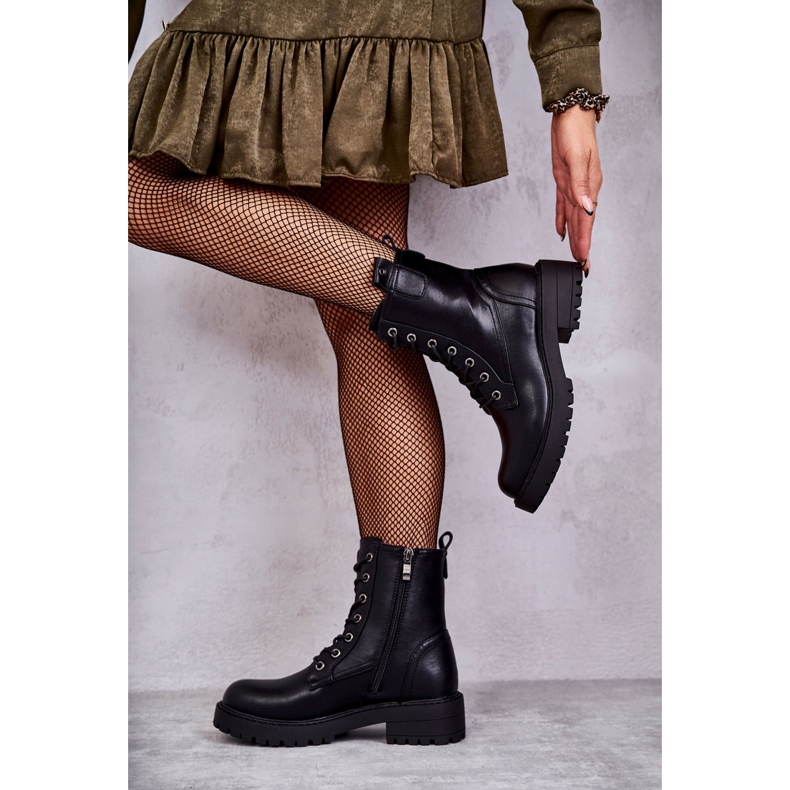 PJ1 Skórzane Ocieplane Botki Sznurowane Czarne Ritta 1